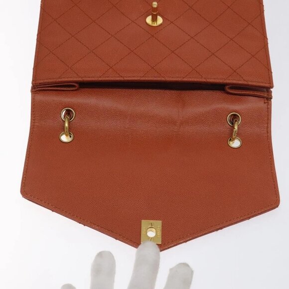 CHANEL Matelasse Hand Bag Grained Calf Skin Brown Gold CC Auth 130197 - Picture 11 of 14